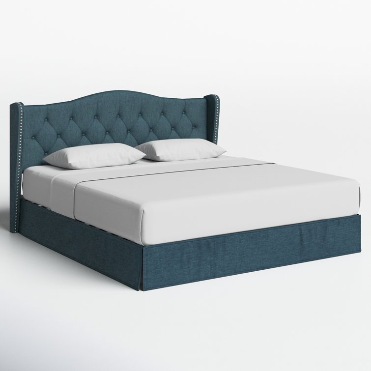 Navy Blue King Upholstered Wingback Storage Bed with Nailhead Trim