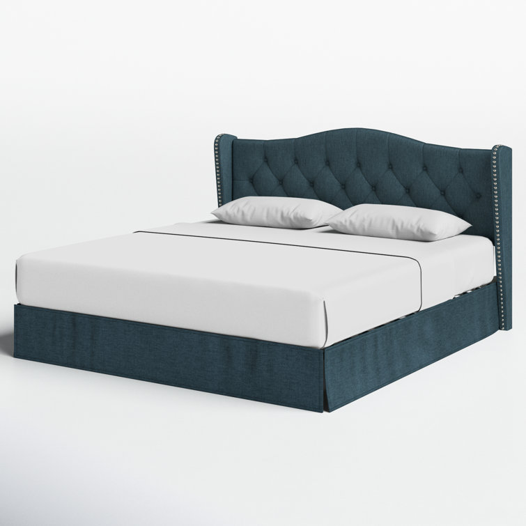 Navy Blue King Upholstered Wingback Storage Bed with Nailhead Trim