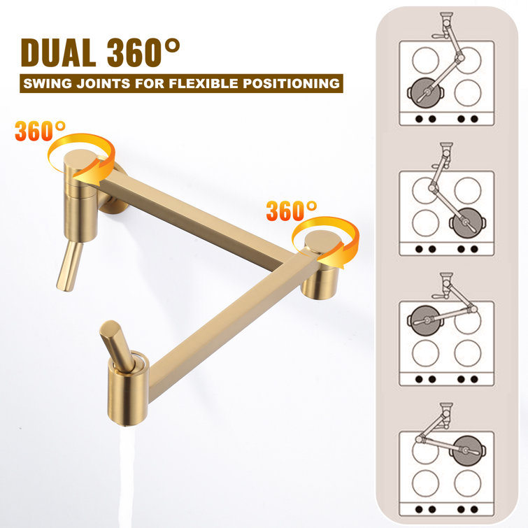 Brushed Gold Wall Mount Pot Filler with Double Joint Swing Arm