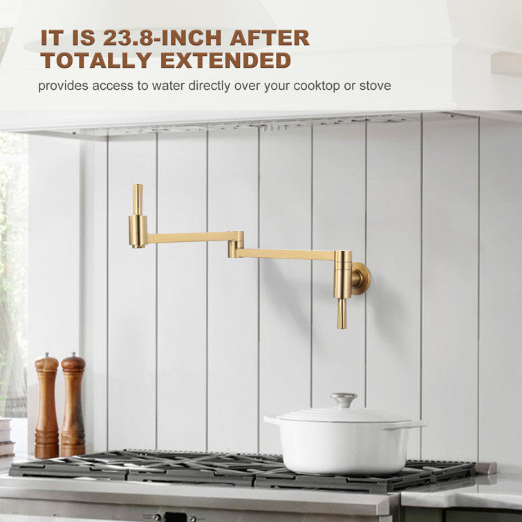 Brushed Gold Wall Mount Pot Filler with Double Joint Swing Arm