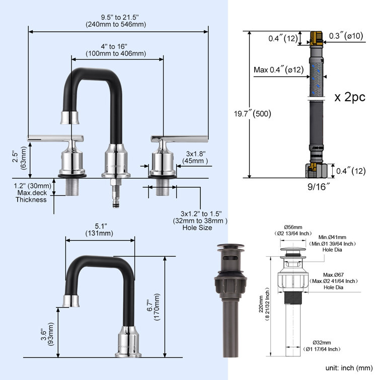 8-Inch Widespread Chrome and Black Stainless Steel Bathroom Faucet