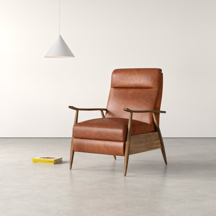 Caramel Mid-Century Modern Faux Leather Recliner with Wooden Arms