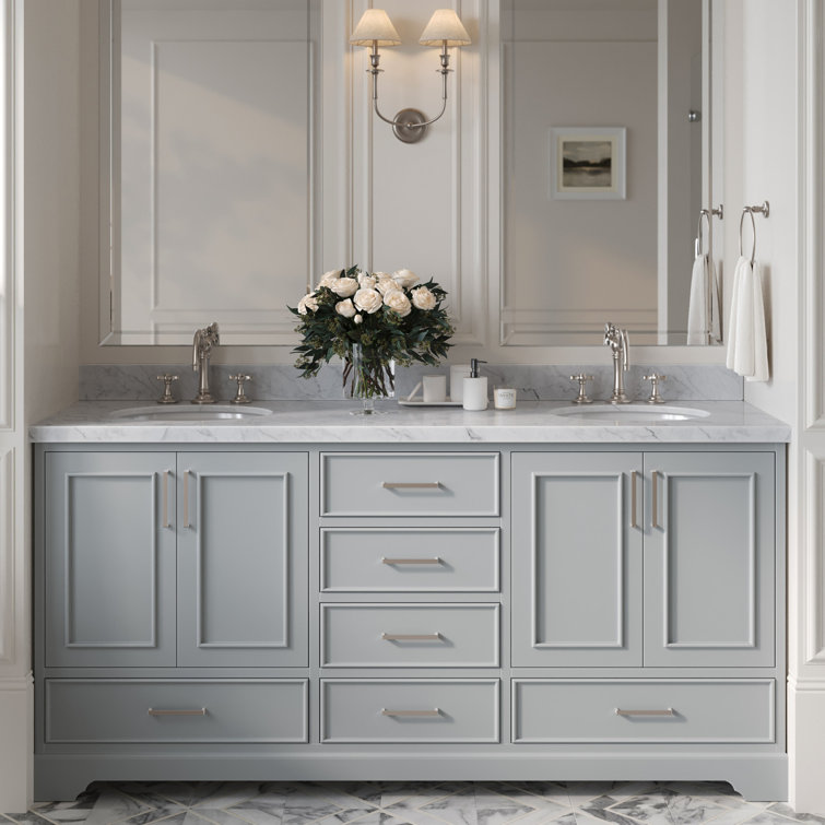 Stafford 73" Grey Double Freestanding Vanity Cabinet with Satin Brass Hardware
