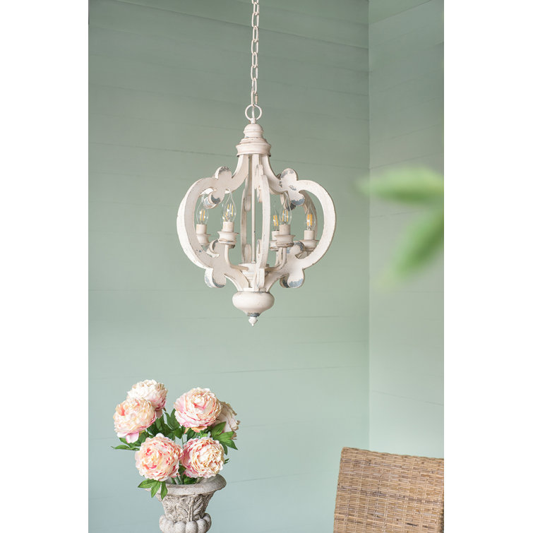 Antiqued White Wood and Metal 6-Light Geometric Chandelier