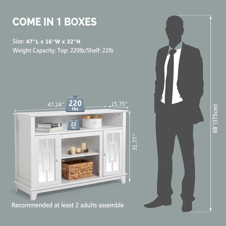White Mirrored Wood TV Stand with Cabinets and Fireplace