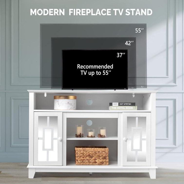 White Mirrored Wood TV Stand with Cabinets and Fireplace