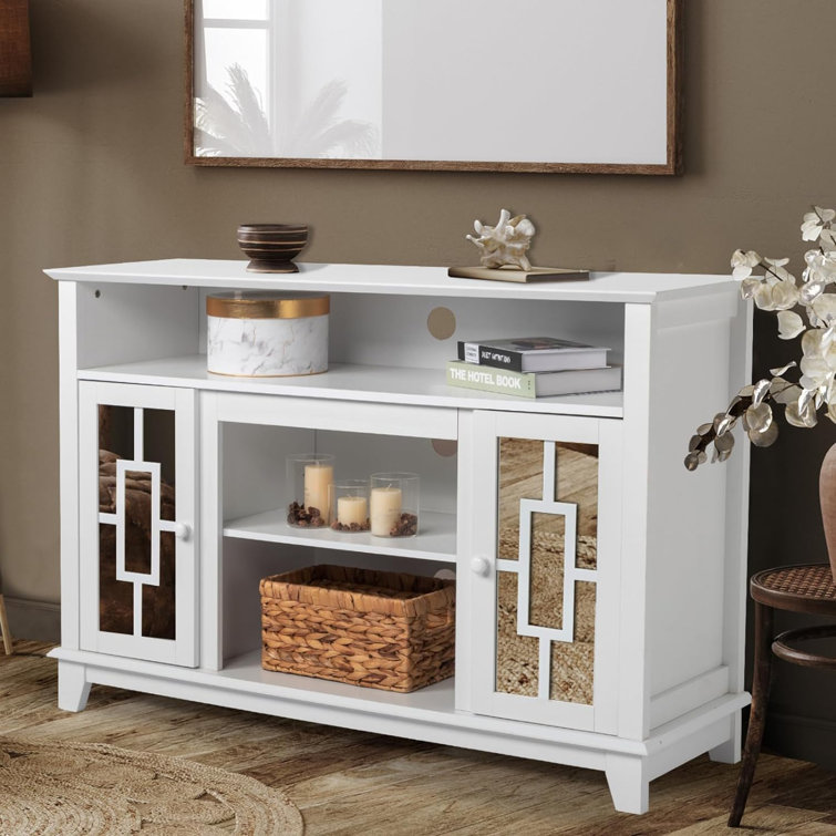 White Mirrored Wood TV Stand with Cabinets and Fireplace