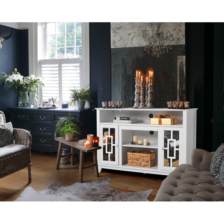 White Mirrored Wood TV Stand with Cabinets and Fireplace