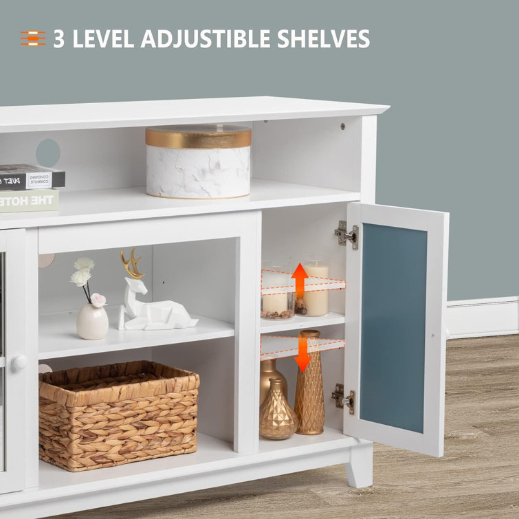 White Mirrored Wood TV Stand with Cabinets and Fireplace