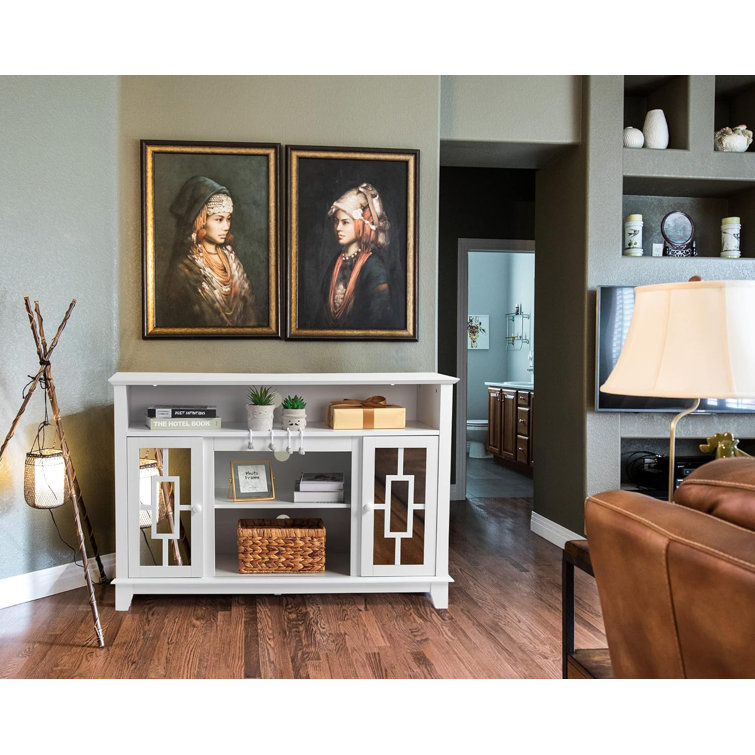 White Mirrored Wood TV Stand with Cabinets and Fireplace