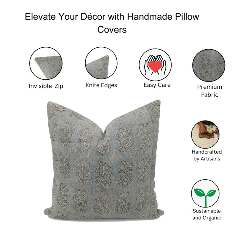 Fabdivine Gray and White Linen Block Print Pillow Cover, 26" x 26"