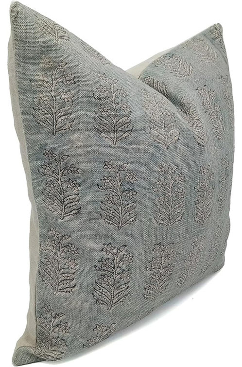 Fabdivine Gray and White Linen Block Print Pillow Cover, 26" x 26"