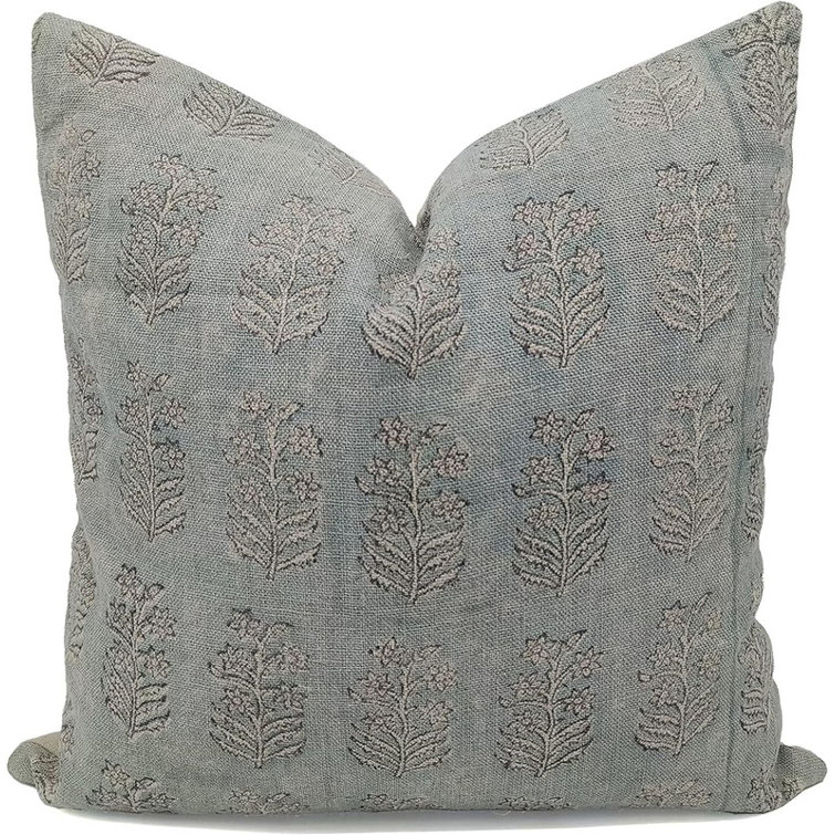 Fabdivine Gray and White Linen Block Print Pillow Cover, 26" x 26"