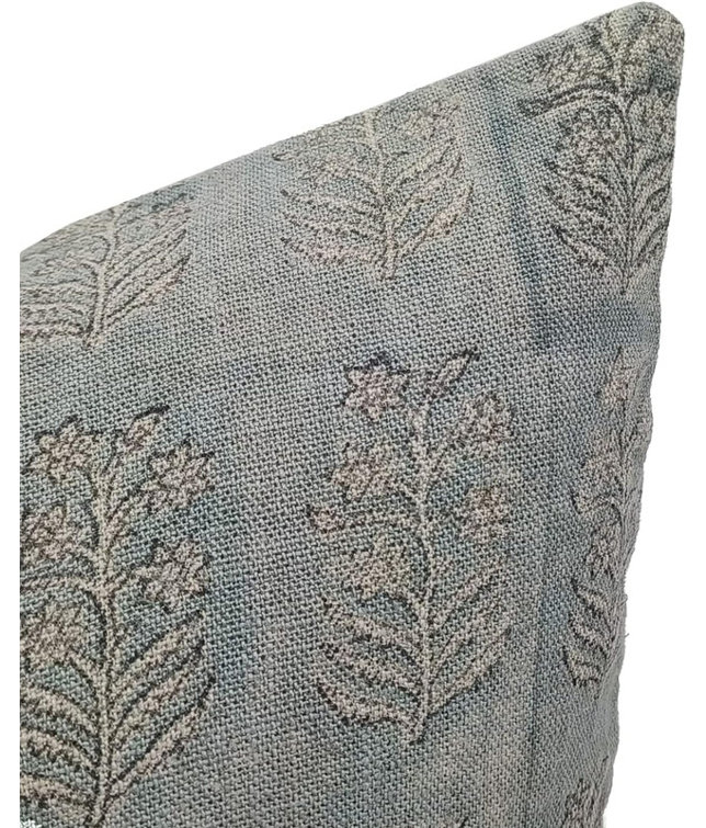 Fabdivine Gray and White Linen Block Print Pillow Cover, 26" x 26"