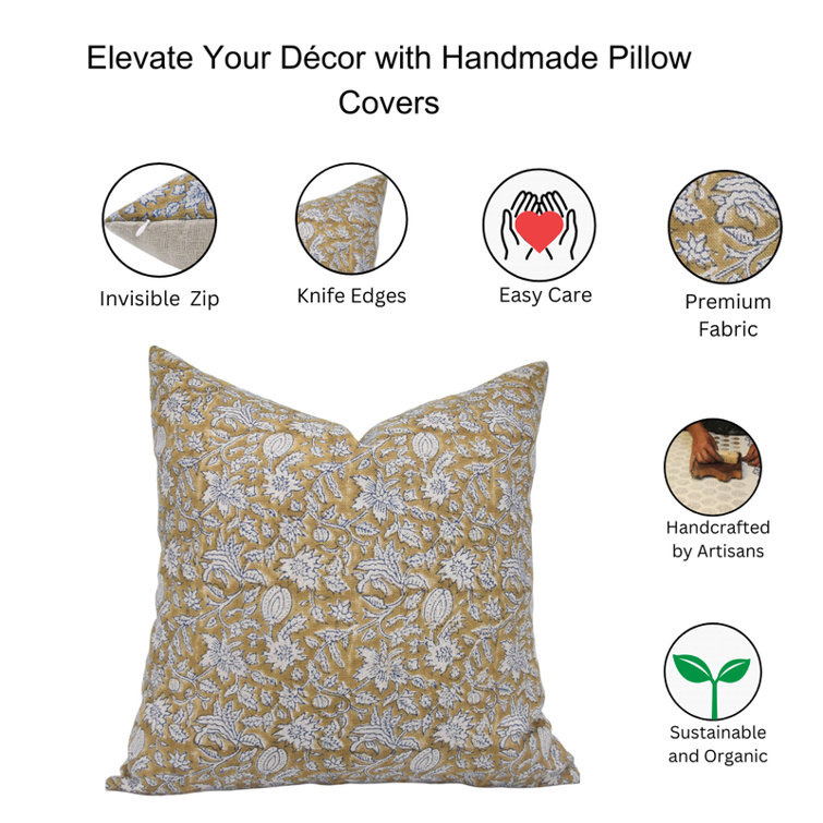 Light Brown Floral Block Print Linen Throw Pillow Cover, 14x36 Inch