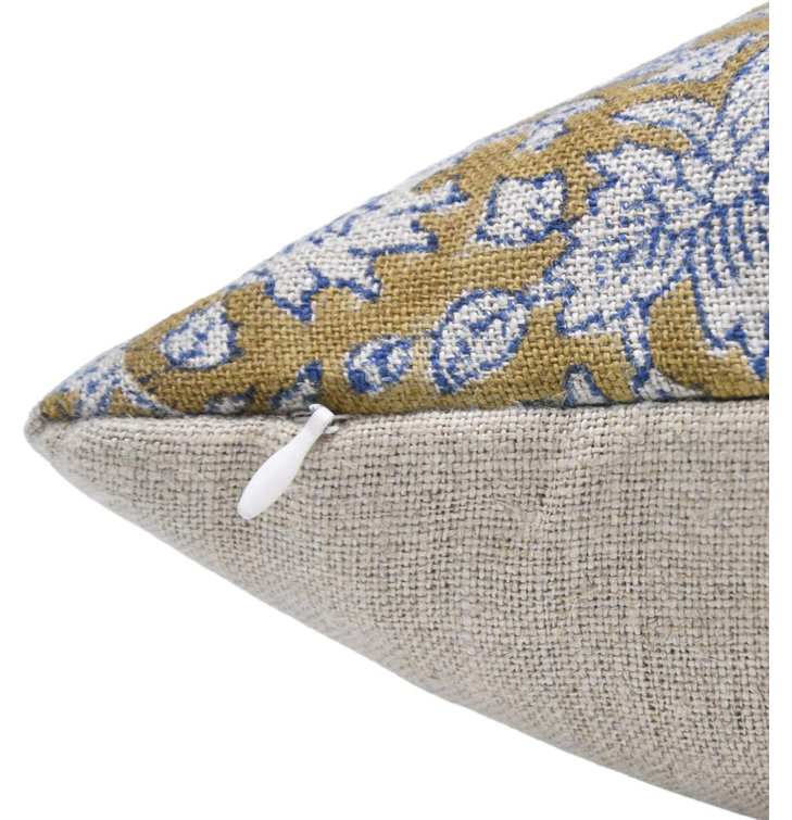 Light Brown Floral Block Print Linen Throw Pillow Cover, 14x36 Inch