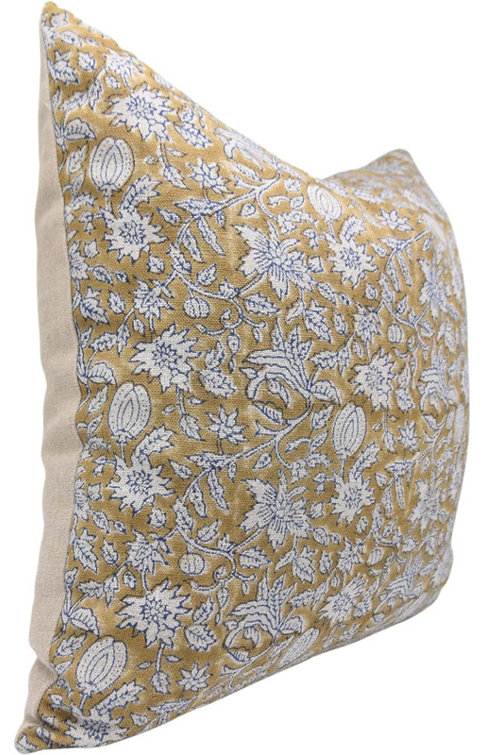Light Brown Floral Block Print Linen Throw Pillow Cover, 14x36 Inch