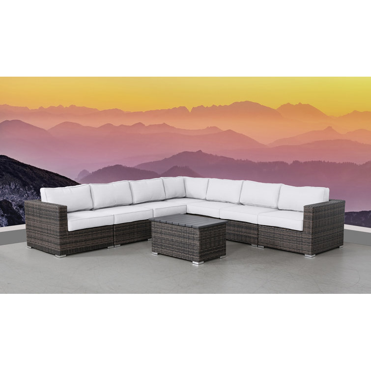 Brown Wicker 8-Piece Sectional Seating Group with White Sunbrella Cushions