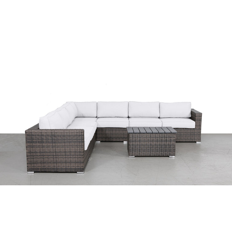 Brown Wicker 8-Piece Sectional Seating Group with White Sunbrella Cushions