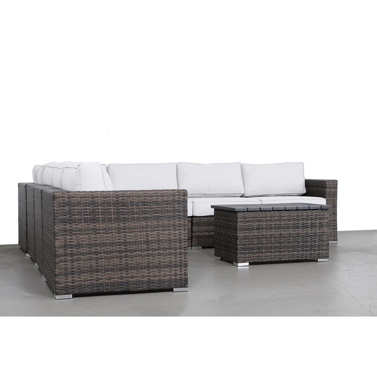 Brown Wicker 8-Piece Sectional Seating Group with White Sunbrella Cushions