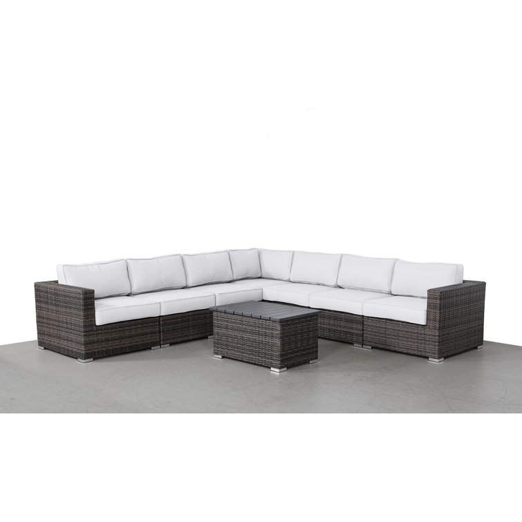 Brown Wicker 8-Piece Sectional Seating Group with White Sunbrella Cushions