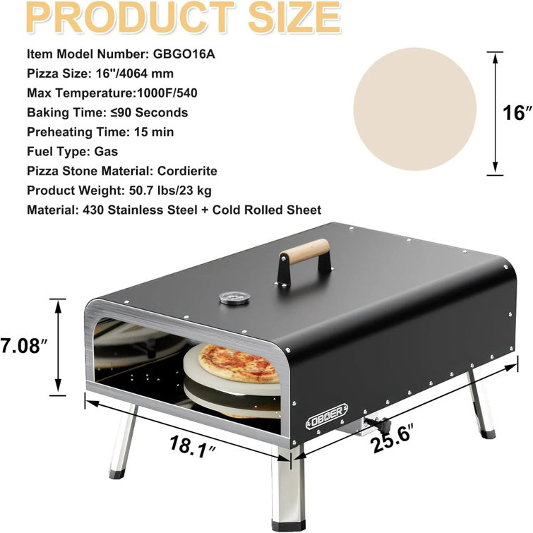 16'' Black Stainless Steel Outdoor Gas Pizza Oven with Rotating Stone
