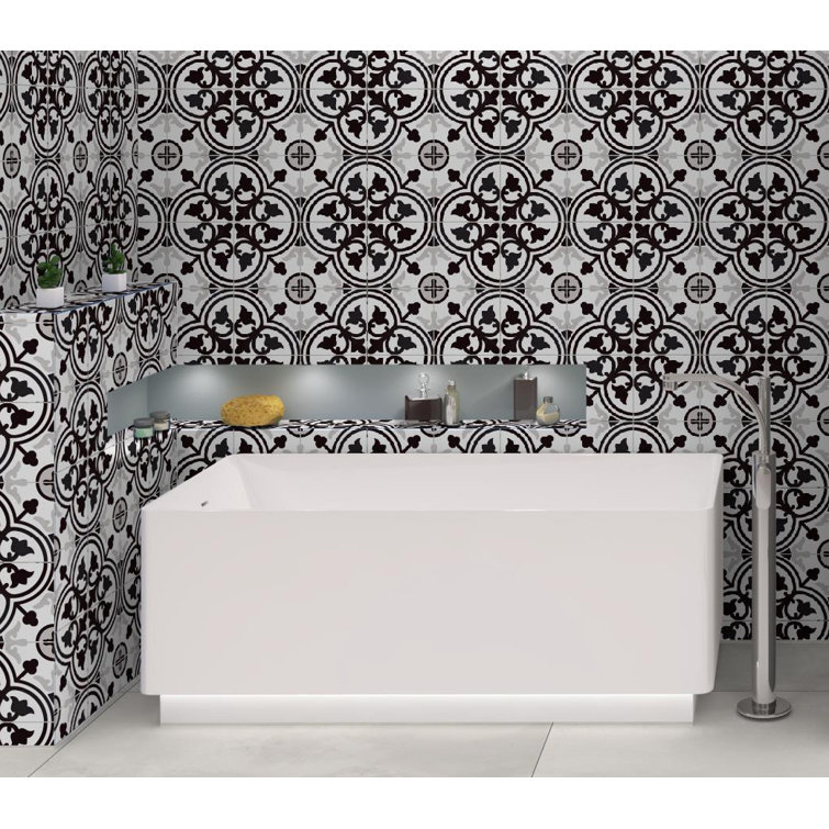 Bliss 8" Black and White Porcelain Patterned Tile
