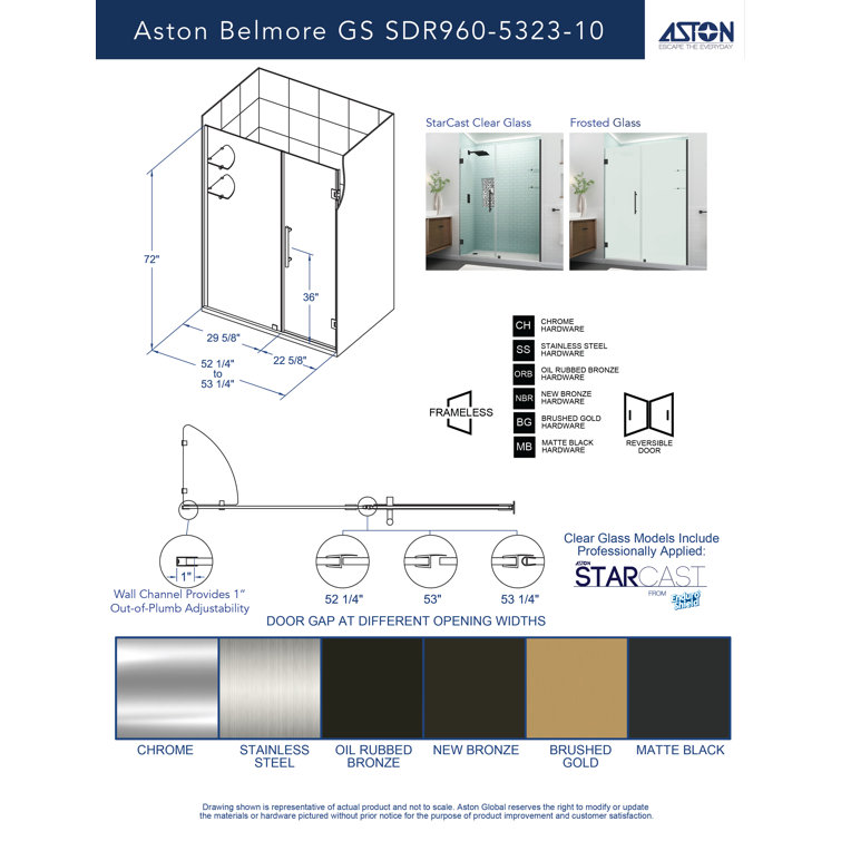 Belmore GS 53" x 72" Clear Glass Frameless Hinged Shower Door in Chrome