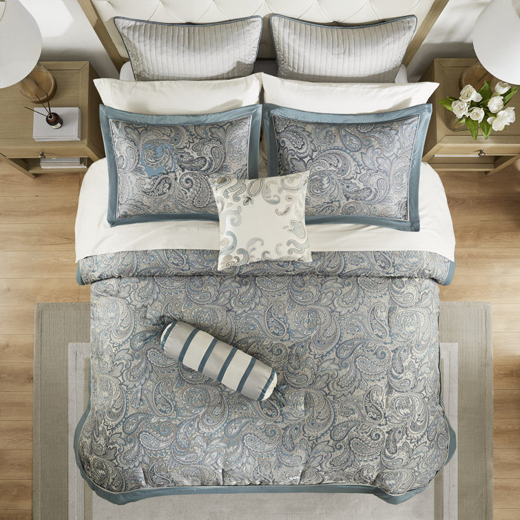 California King Gray and Teal Cotton Jacquard Bed in a Bag Set