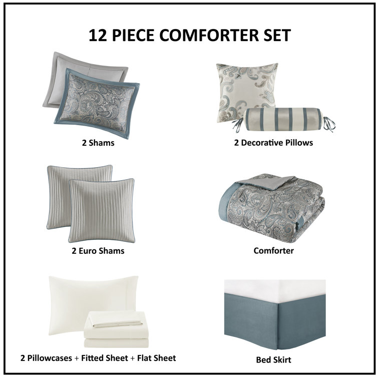 California King Gray and Teal Cotton Jacquard Bed in a Bag Set