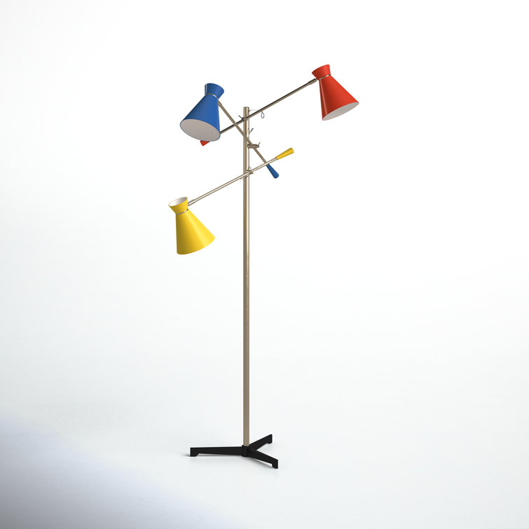 Adjustable Antique Brass Tripod Floor Lamp with Multi-Color Shades