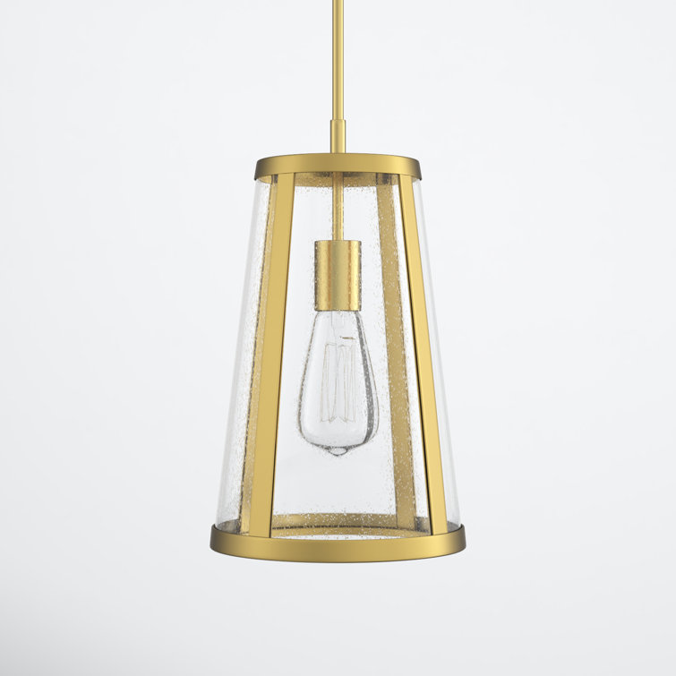 Burnished Brass Cone Pendant Light with Seeded Glass Shade