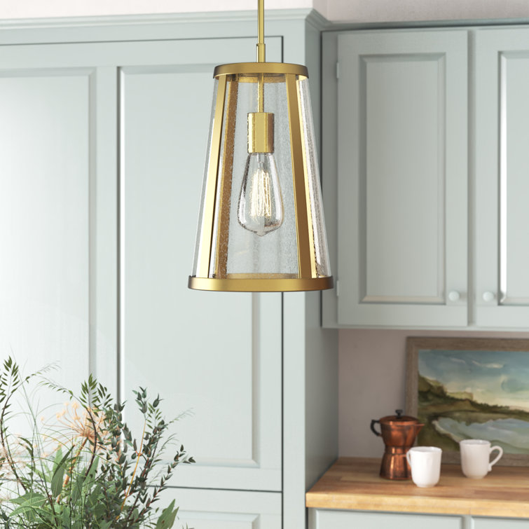 Burnished Brass Cone Pendant Light with Seeded Glass Shade