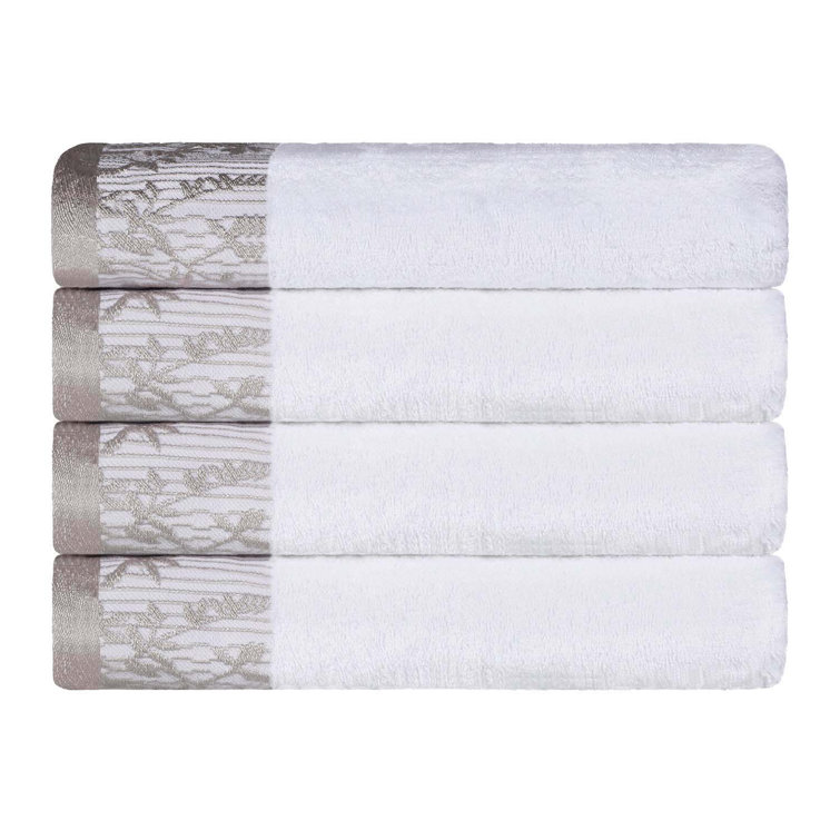 White Cotton Floral Jacquard 4-Piece Bath Towel Set