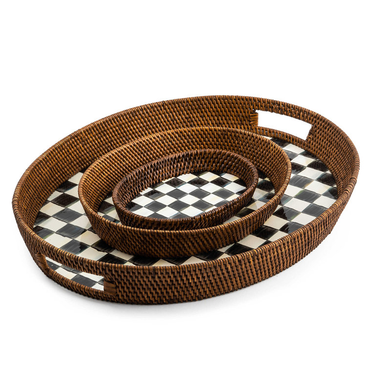 Large Black and White Checkered Rattan Serving Tray