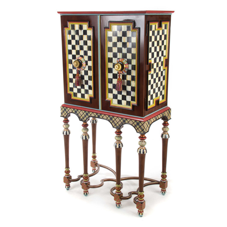 Gmelina Wood Checkered Bar Cabinet with Brass Accents