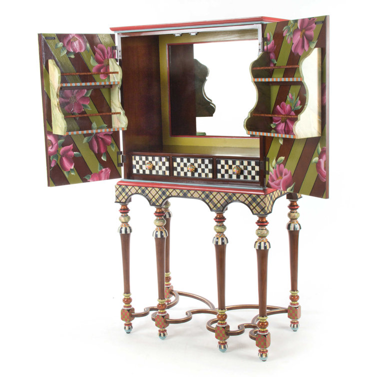Gmelina Wood Checkered Bar Cabinet with Brass Accents