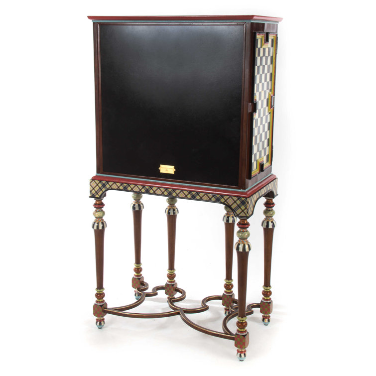 Gmelina Wood Checkered Bar Cabinet with Brass Accents