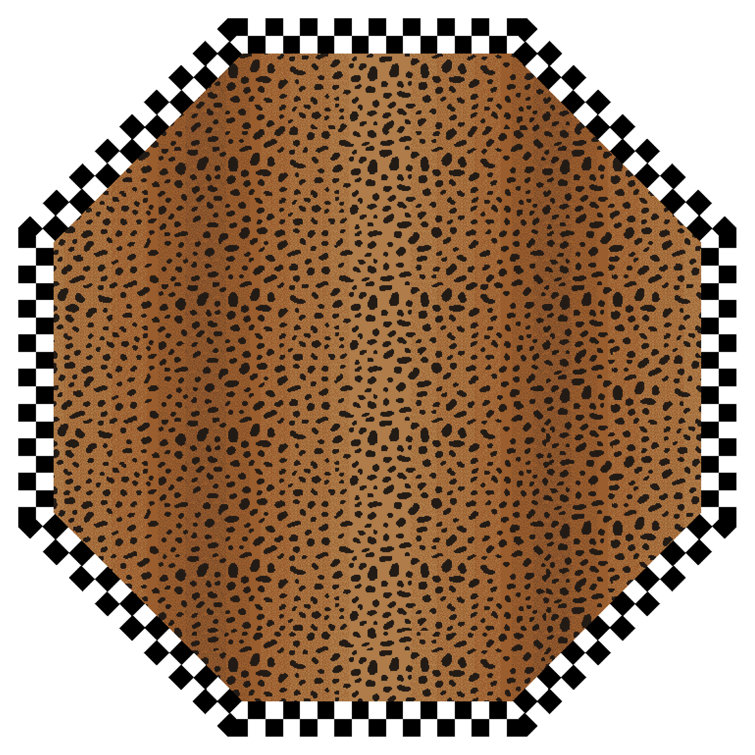 Handmade Tufted Black Wool Round Cheetah Rug with Checked Border