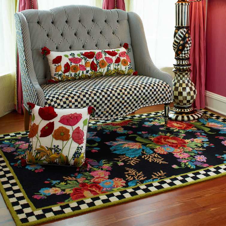 Handmade Black Floral Wool Rectangular Rug 3' x 5'