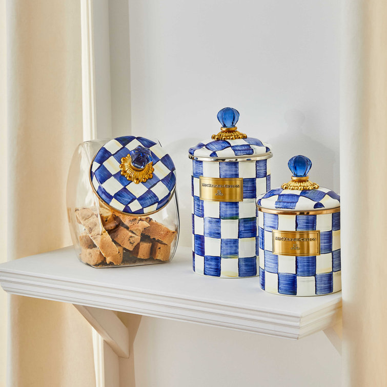 Regal Blue Check Stainless Steel Canister Set with Brass Accents