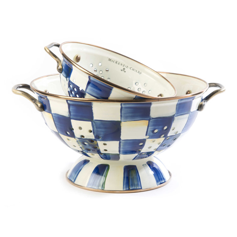 Large Blue and White Checkered Steel Colander