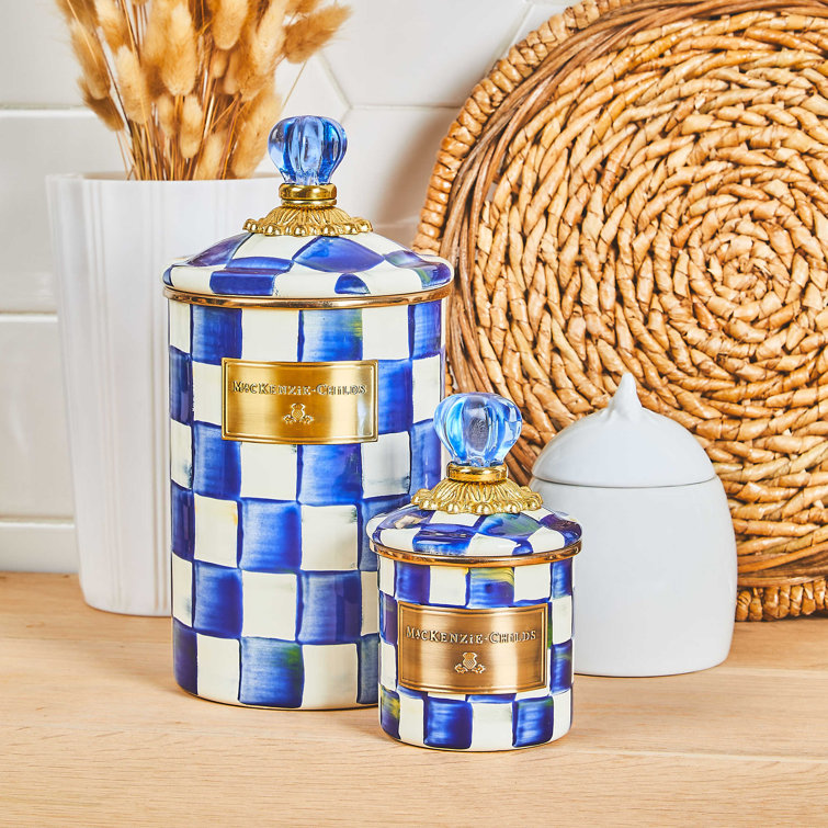 Regal Blue Check Stainless Steel Canister Set with Brass Accents