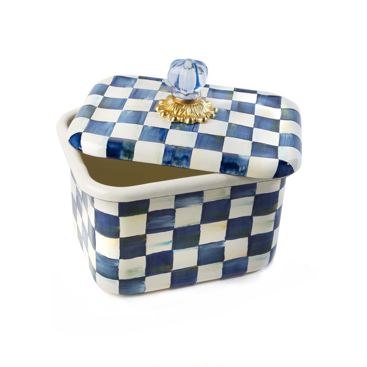 Elegant Royal Check Hand-Painted Recipe Box with Glass Knob