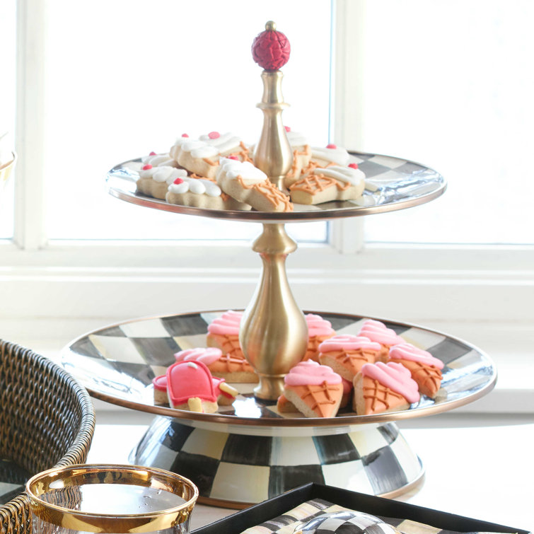 Elegant Hand-Painted Black and White Checkered Two-Tier Sweet Stand