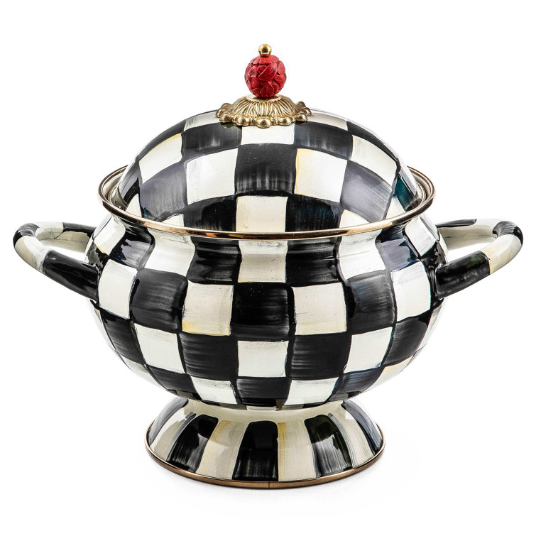 Hand-Painted Black and White Enamel Tureen, 3 Quarts