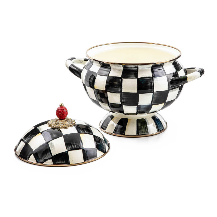 Hand-Painted Black and White Enamel Tureen, 3 Quarts