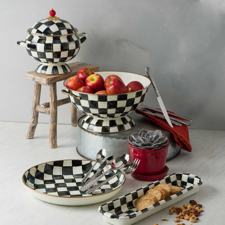Hand-Painted Black and White Enamel Tureen, 3 Quarts