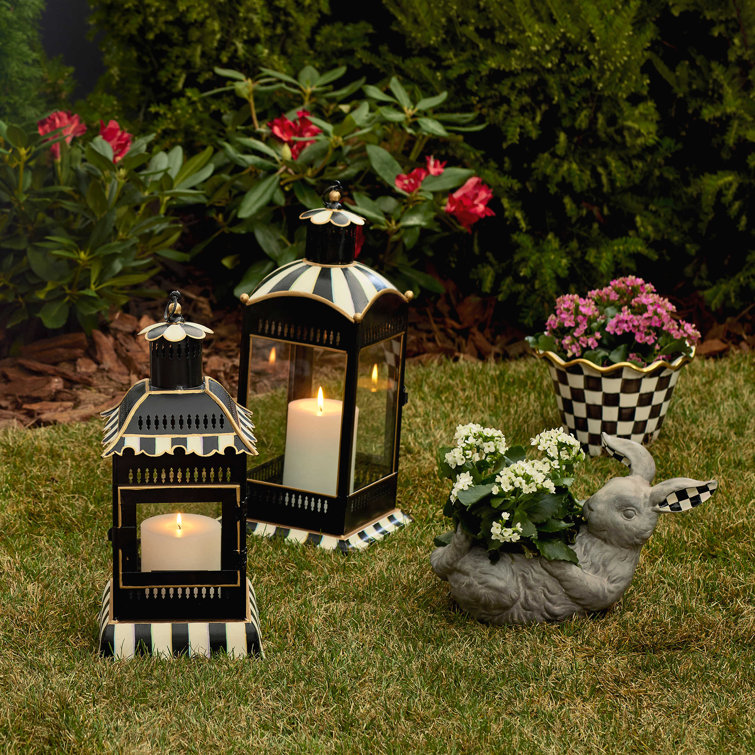 Large Black and White Striped Glass Candle Lantern