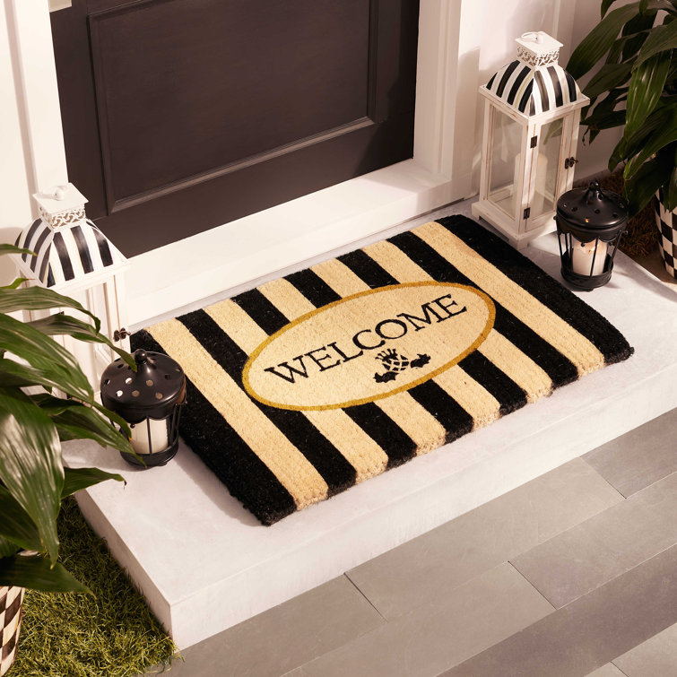Black and Beige Coir Awning Stripe Welcome Mat